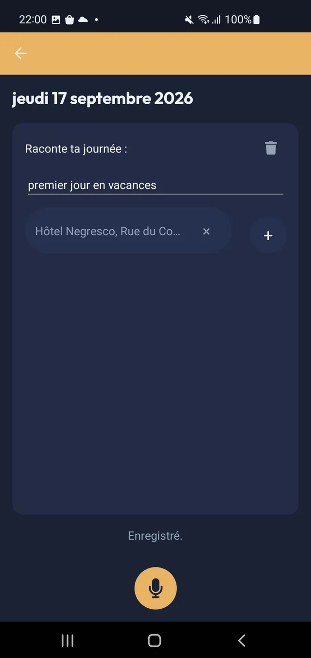 Capture d'une entrée de journal, texte et lieu tagué