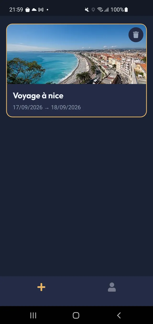 Écran d'accueil de Biyahey, liste des Voyages