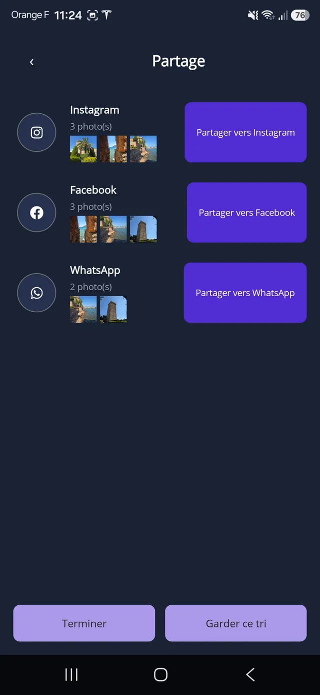 Récapitulatif du partage vers WhatsApp, Instagram et Facebook